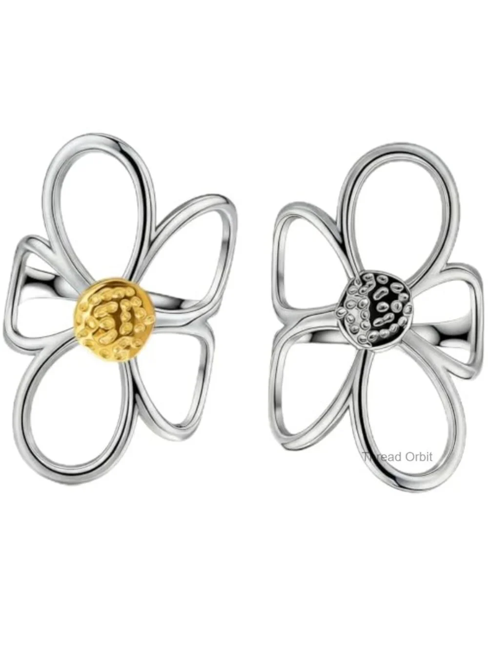 2 Pcs Chunky Hollow Flower Thumb Rings, Open Band Adjustable Two-Tone Statement